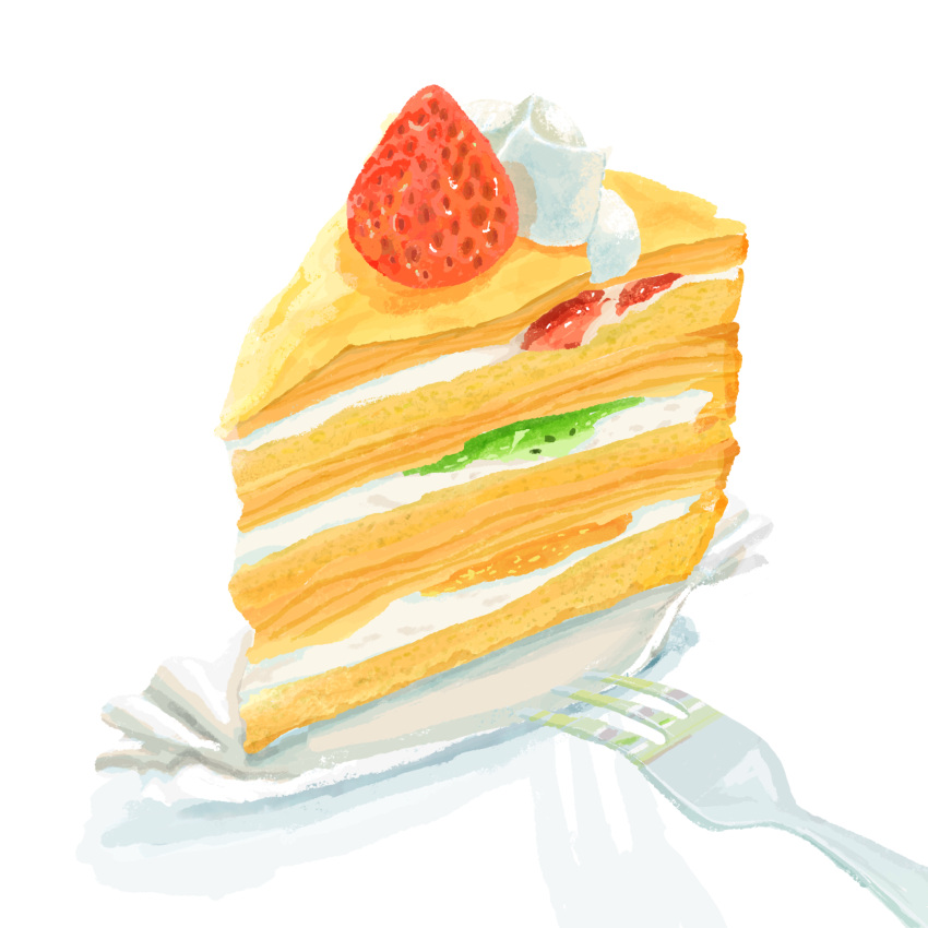 cake, cake_slice, commentary_request, food, food_focus, fork, fruit, grey_background