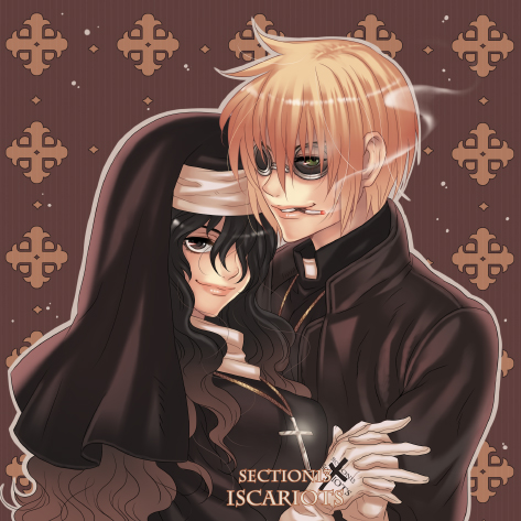 black_hair, blonde_hair, cigarette, cross, glasses, gloves, habit, hair_over_one_eye