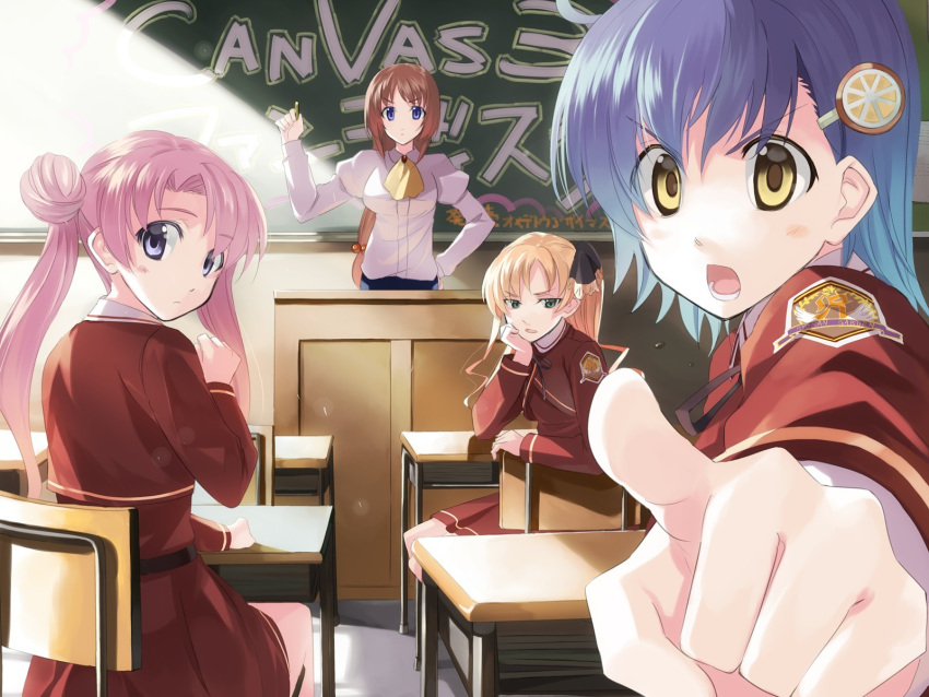asato_rina, blonde_hair, blue_hair, canvas_3, chalkboard, chigusa_nanami, classroom, desk