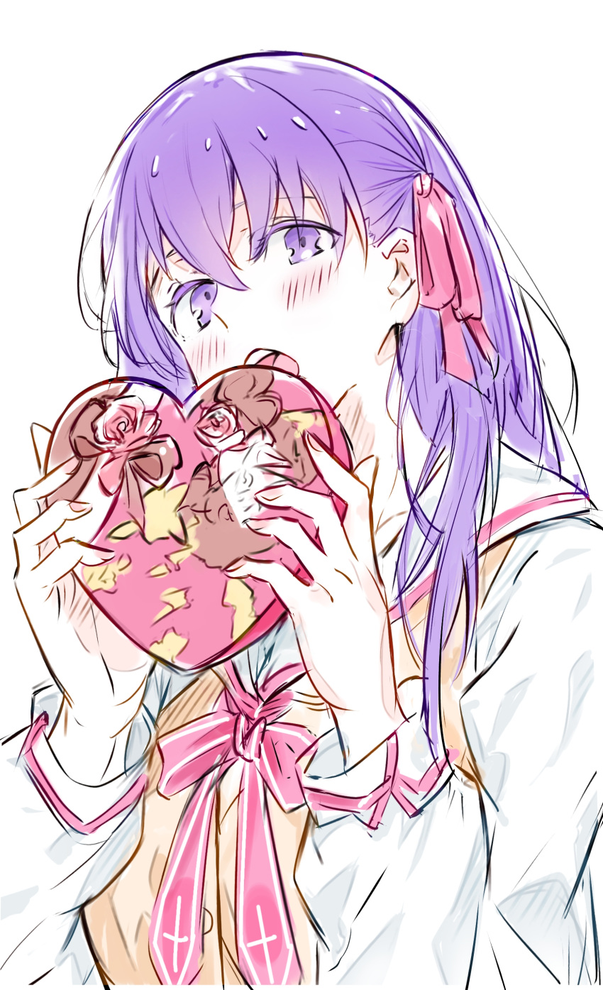 1girl, absurdres, blush, bow, candy, chocolate, commentary_request, fate/stay_night