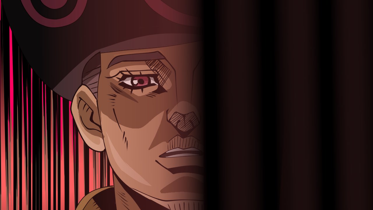 1boy, afro, araki_hirohiko_(style), comic_panel_redraw, derivative_work, english_commentary, grey_hair, hat