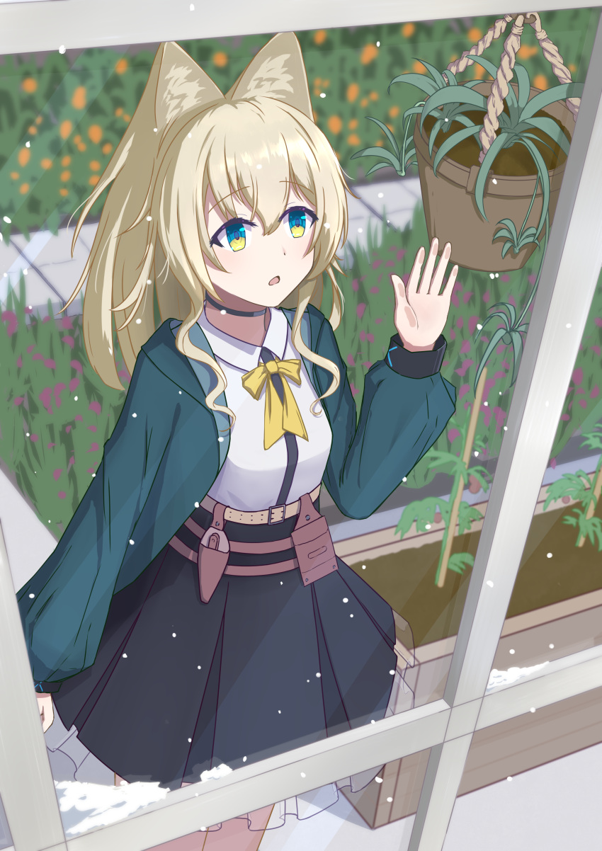 1girl, absurdres, animal_ear_fluff, animal_ears, arknights, belt, black_skirt, blonde_hair