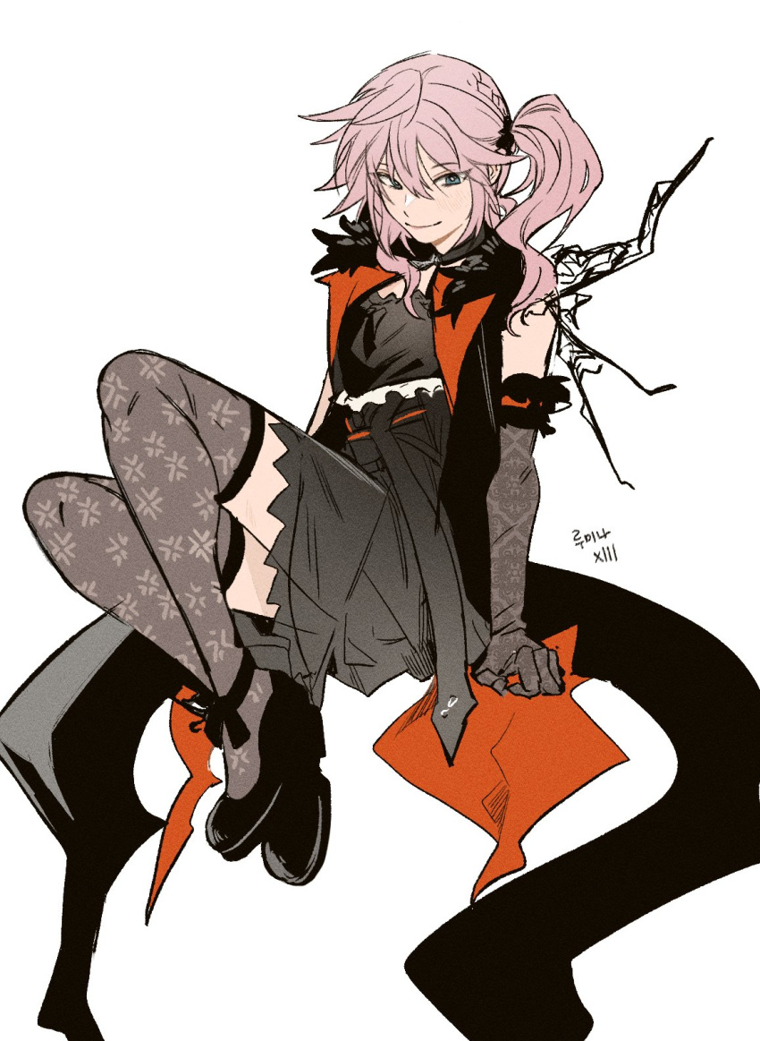 1girl, aqua_eyes, black_coat, black_shoes, black_thighhighs, coat, commentary_request, elbow_gloves