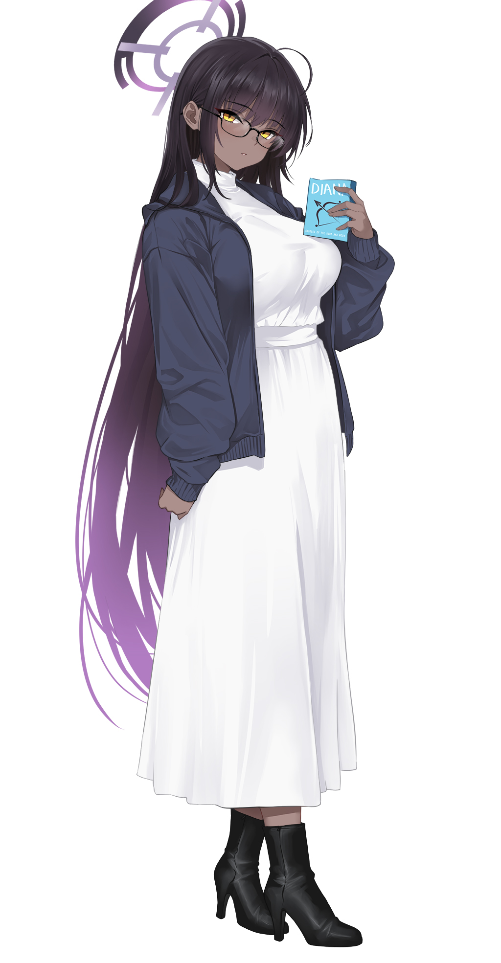 1girl, ahoge, alternate_costume, black-framed_eyewear, black_boots, black_hair, blue_archive, blue_jacket
