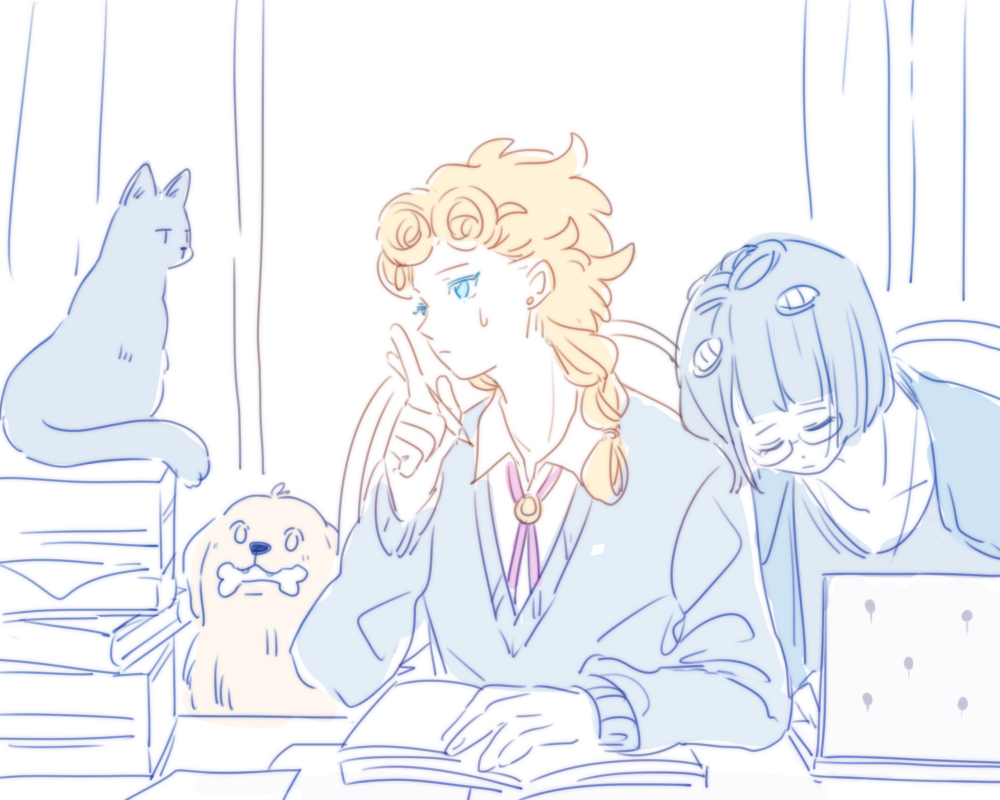 2boys, androgynous, animal, black_hair, blonde_hair, blue_eyes, book, braid