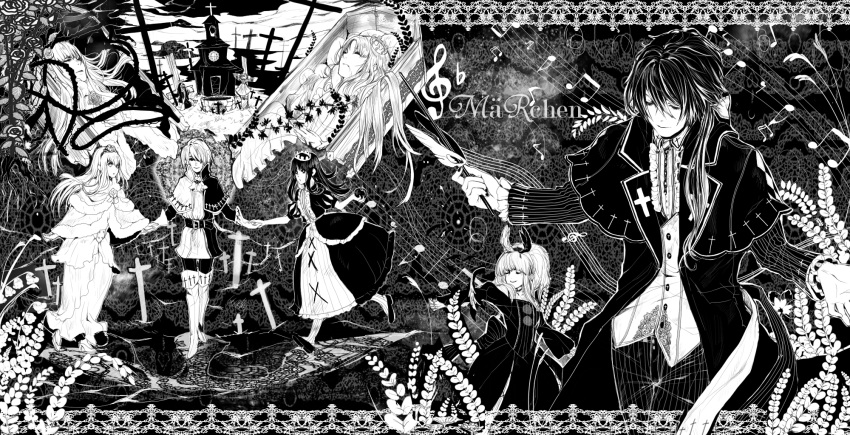 dornroschen, elisabeth_von_wettin, elyse, erotatsu, eyes_closed, highres, horizon, marchen, marchen_von_friedhof, monochrome, musical_note, nun_(marchen), prince, schneewittchen, sleeping_beauty, sound, sound_horizon, tettere