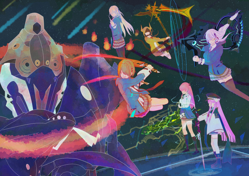 6+girls, absurdres, aikawa_megumi, amaj7_add9, asakura_karen_(heaven_burns_red), black_hair, blonde_hair, brown_hair, cancer_(heaven_burns_red), clothes_around_waist, dual_wielding, grey_hair, gun, hair_ornament, hairpin, hat, heaven_burns_red, highres, holding, holding_gun, holding_sword, holding_weapon, izumi_yuki, kayamori_ruka, kunimi_tama, long_hair, multiple_girls, necktie, pink_hair, red_necktie, sailor_hat, school_uniform, scythe, short_hair, sword, toujou_tsukasa, weapon