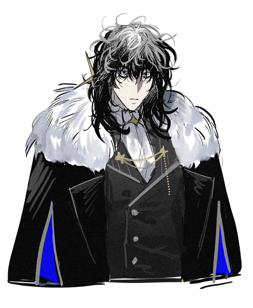 1boy, black_coat, black_hair, black_vest, blue_eyes, closed_mouth, coat, commentary_request, fur-trimmed_coat, fur_trim, grey_hair, hair_between_eyes, highres, looking_at_viewer, male_focus, medium_hair, multicolored_hair, open_clothes, open_coat, original, shirt, simple_background, solo, star_(symbol), thai_commentary, two-tone_hair, unholymilk, upper_body, vest, white_background, white_fur, white_shirt