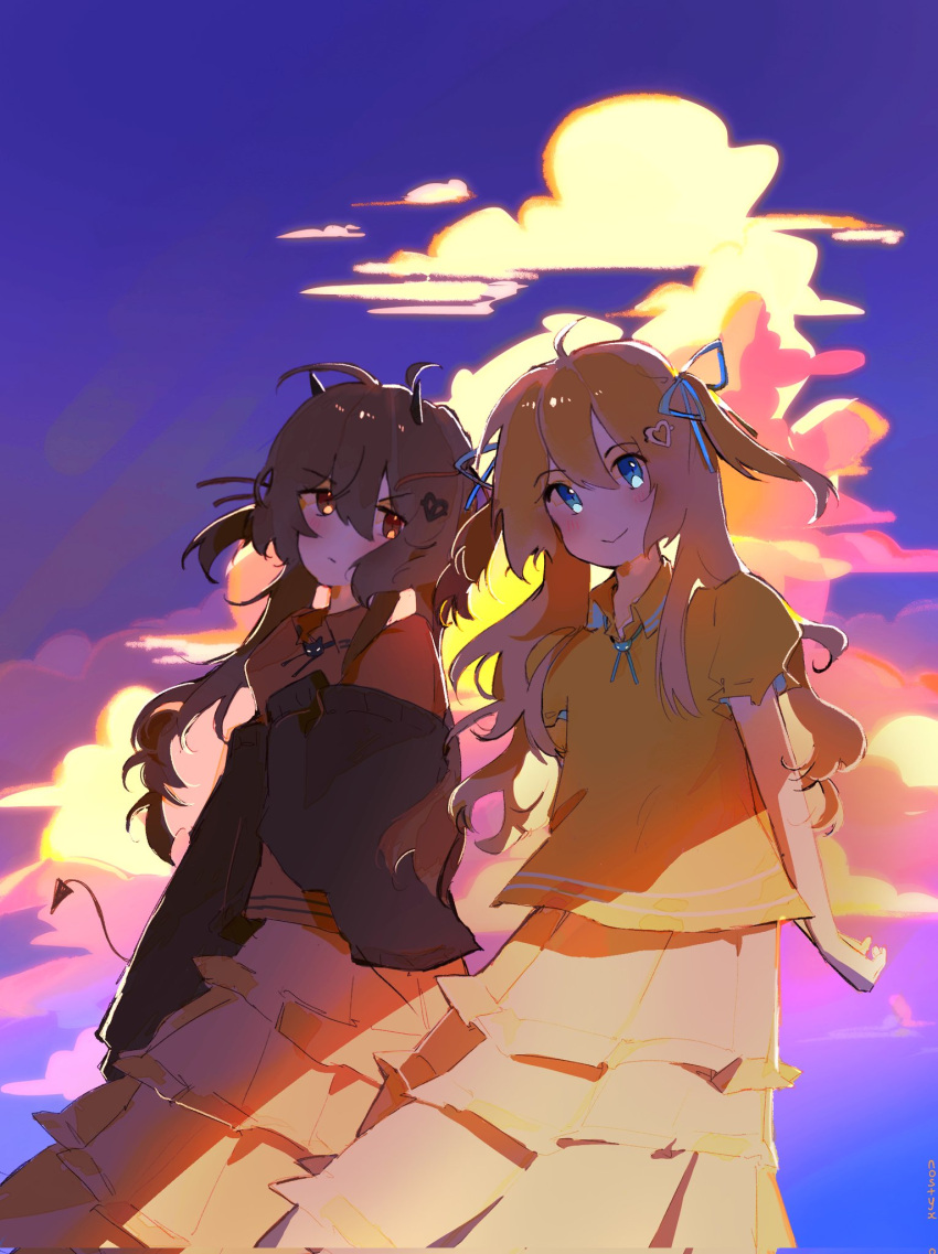 2girls, :/, ahoge, alternate_costume, arm_behind_back, backlighting, black_cardigan, blue_eyes
