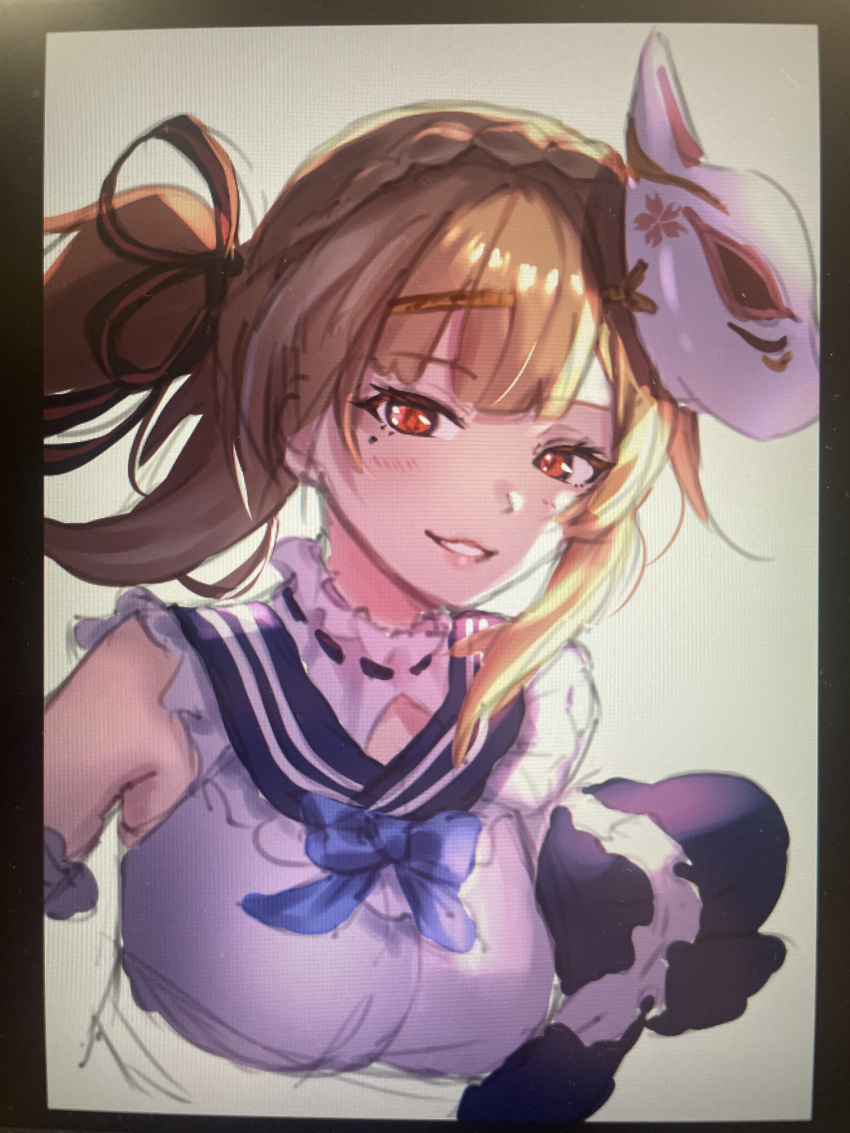 1girl, absurdres, blue_bow, blue_bowtie, bow, bowtie, braid, brown_hair, commentary_request, fox_mask, hair_tie, heaven_burns_red, highres, kiryuu_miya, kiryuu_miya_(vulpine_mystique), looking_at_viewer, mask, mask_on_head, mole, mole_under_eye, red_eyes, sailor_collar, shitakkedrawing, simple_background, smile, traditional_media, white_background