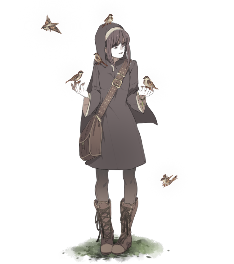 bag, bird, boots, brown_hair, erotatsu, marchen, nun, nun_(marchen), simple_background, solo, sound_horizon, standing