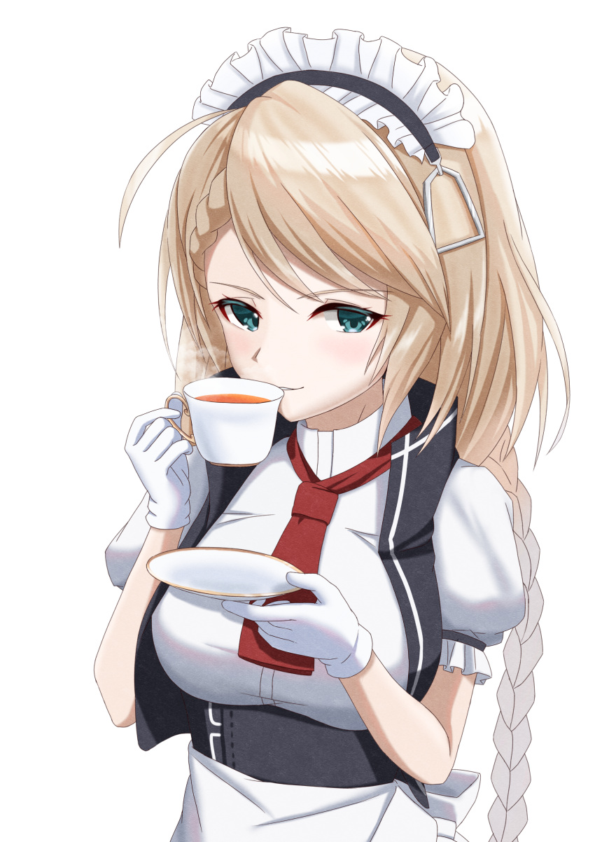 1girl, absurdres, apron, aqua_eyes, blonde_hair, braid, braided_bangs, braided_ponytail