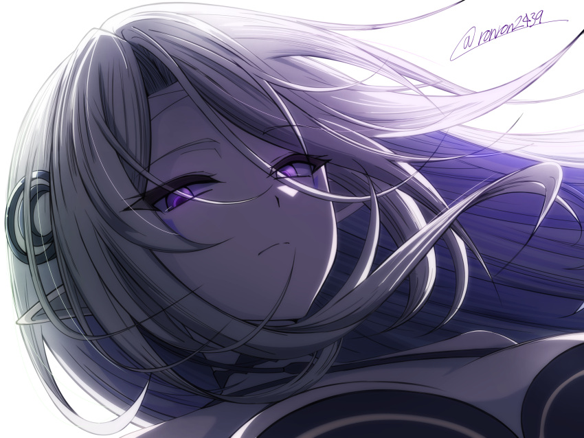 1girl, absurdres, beatrix_(kagejitsu), blonde_hair, breasts, commentary_request, elf, highres, kage_no_jitsuryokusha_ni_naritakute!, long_hair, looking_at_viewer, name_tag, pointy_ears, ronron2439, simple_background, violet_eyes, white_background
