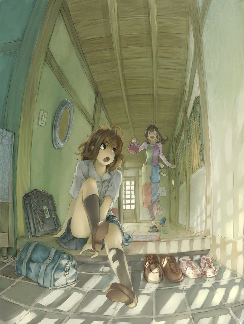 633b, bag, brown_eyes, brown_hair, fisheye, highres, making_of, multiple_girls