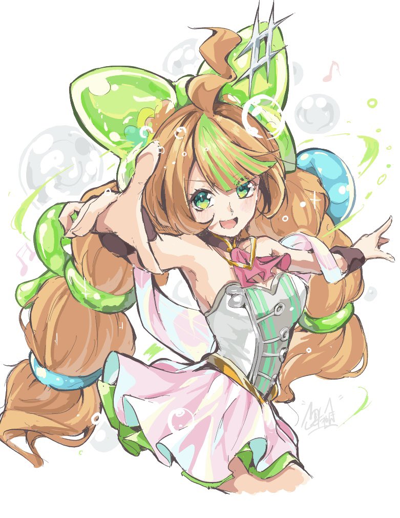 1girl, ahoge, bubble, commentary_request, dress, green_eyes, green_hair, green_ribbon, hair_ribbon, hairband, kuronyan9630, monster_strike, multicolored_hair, muse_(monster_strike), musical_note, orange_hair, pink_shirt, ribbon, shirt, skirt, smile, solo, streaked_hair, twintails, two-tone_hair, white_background