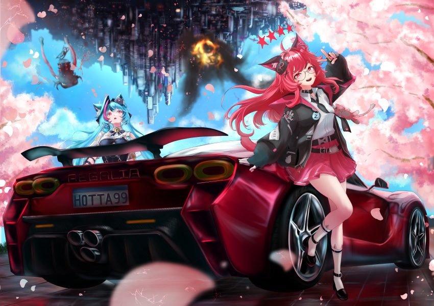 2girls, absurdres, animal_ears, aqua_hair, black_jacket, blue_sky, breasts, car