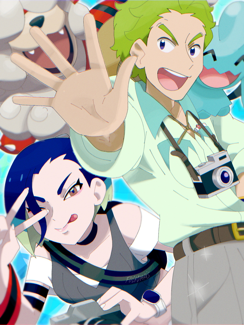 1boy, 1girl, armband, bare_shoulders, black_armband, black_choker, blue_hair, bob_cut