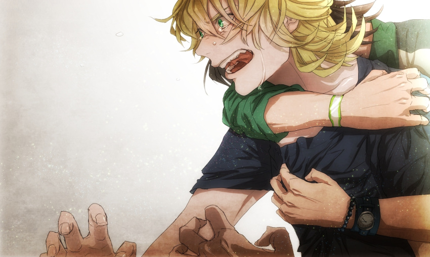 angry, barnaby_brooks_jr, blonde_hair, bracelet, brown_hair, crying, green_eyes, hug