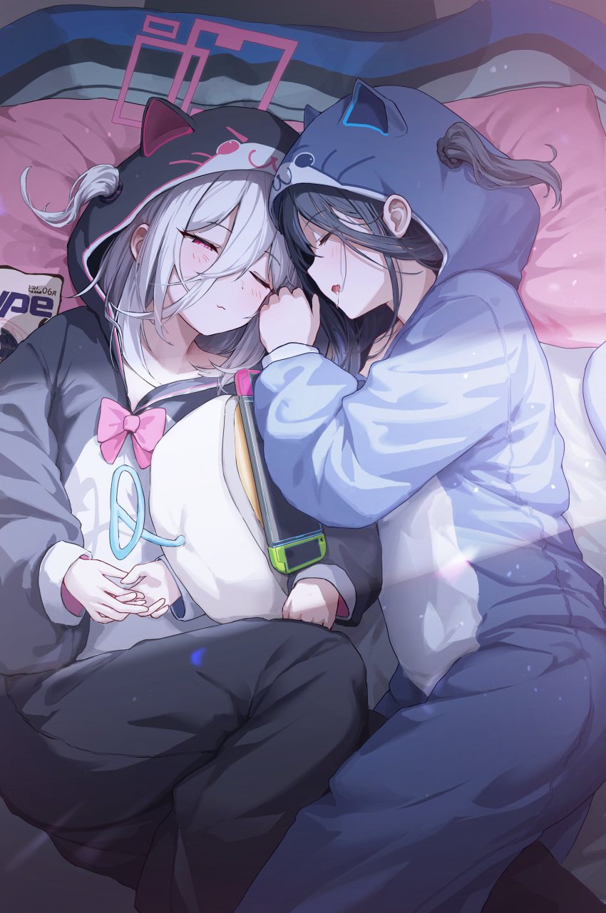 2girls, absurdres, alternate_costume, animal_costume, aris_(blue_archive), black_hair, blue_archive, cat_costume