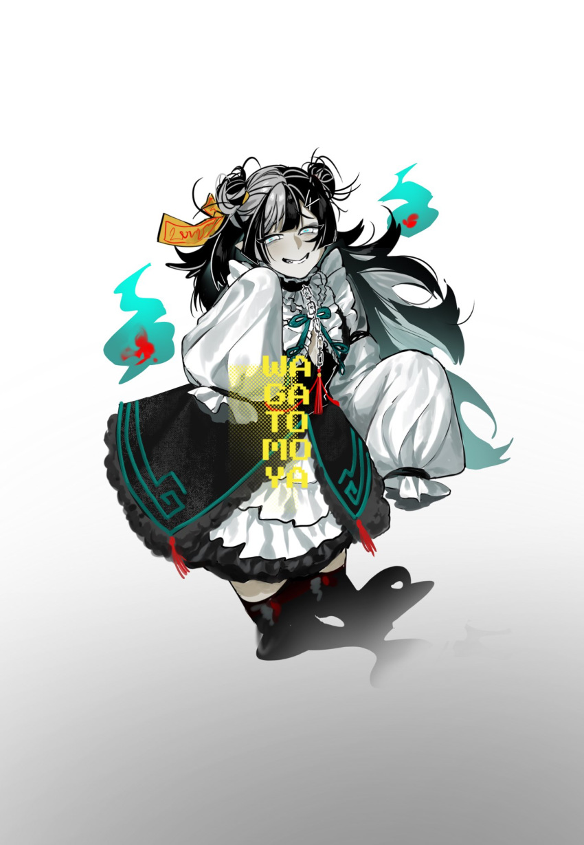 1girl, adoptable, aqua_eyes, artist_name, black_choker, black_hair, black_skirt, black_thighhighs