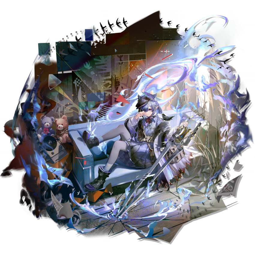 1girl, :3, animal_on_shoulder, arknights, bag, bandaged_ankle, belt, belt_boots