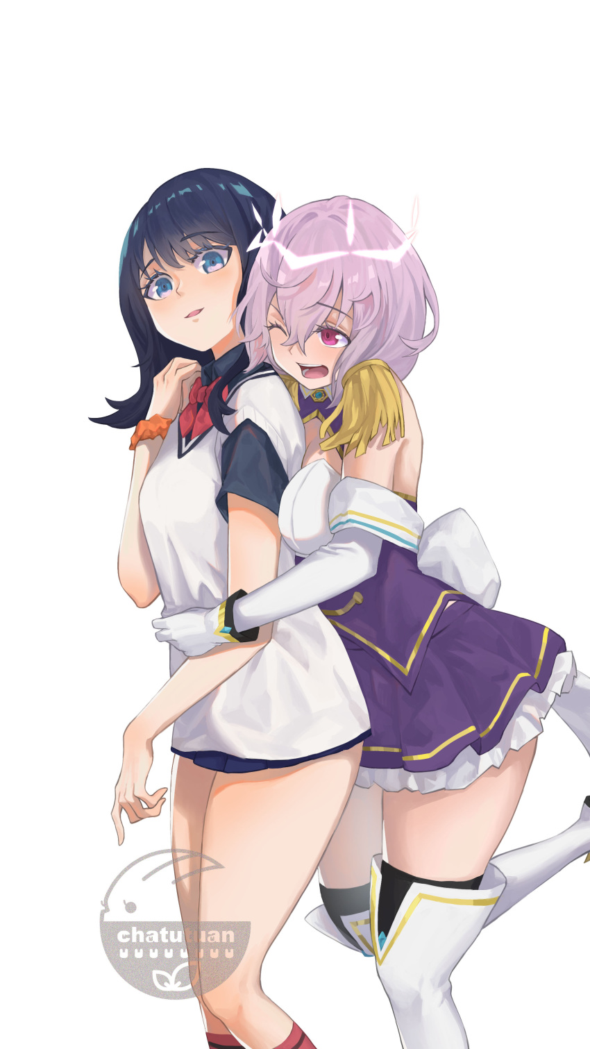 2girls, absurdres, artist_name, black_hair, black_shirt, black_thighhighs, blue_eyes, blue_sky