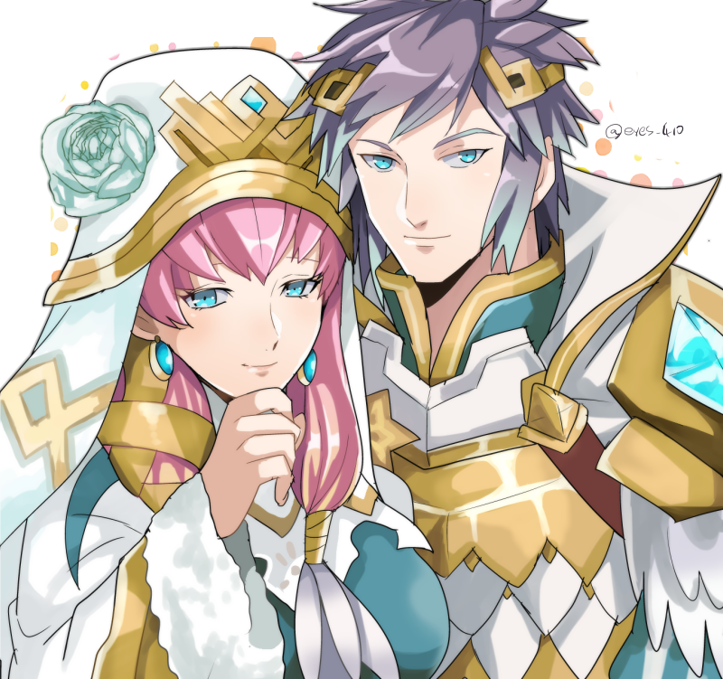 1boy, 1girl, armor, artist_name, blue_eyes, blue_hair, breasts, brother_and_sister, commentary, earrings, fire_emblem, fire_emblem_heroes, fur_trim, gradient_hair, grey_hair, gunnthra_(fire_emblem), hair_ornament, hand_on_own_chin, hat, hrid_(fire_emblem), jewelry, large_breasts, long_hair, long_sleeves, multicolored_hair, pink_hair, rem_(eyes_410), short_hair, siblings, smile, veil, white_background
