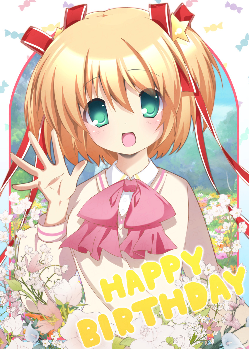 1girl, :d, aqua_eyes, blonde_hair, blush, border, bow, bowtie
