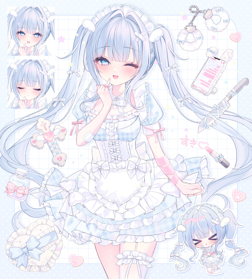 >_<, 1girl, arm_at_side, bibi-chan_(x_127x), blue_border, blue_dress, blush, border