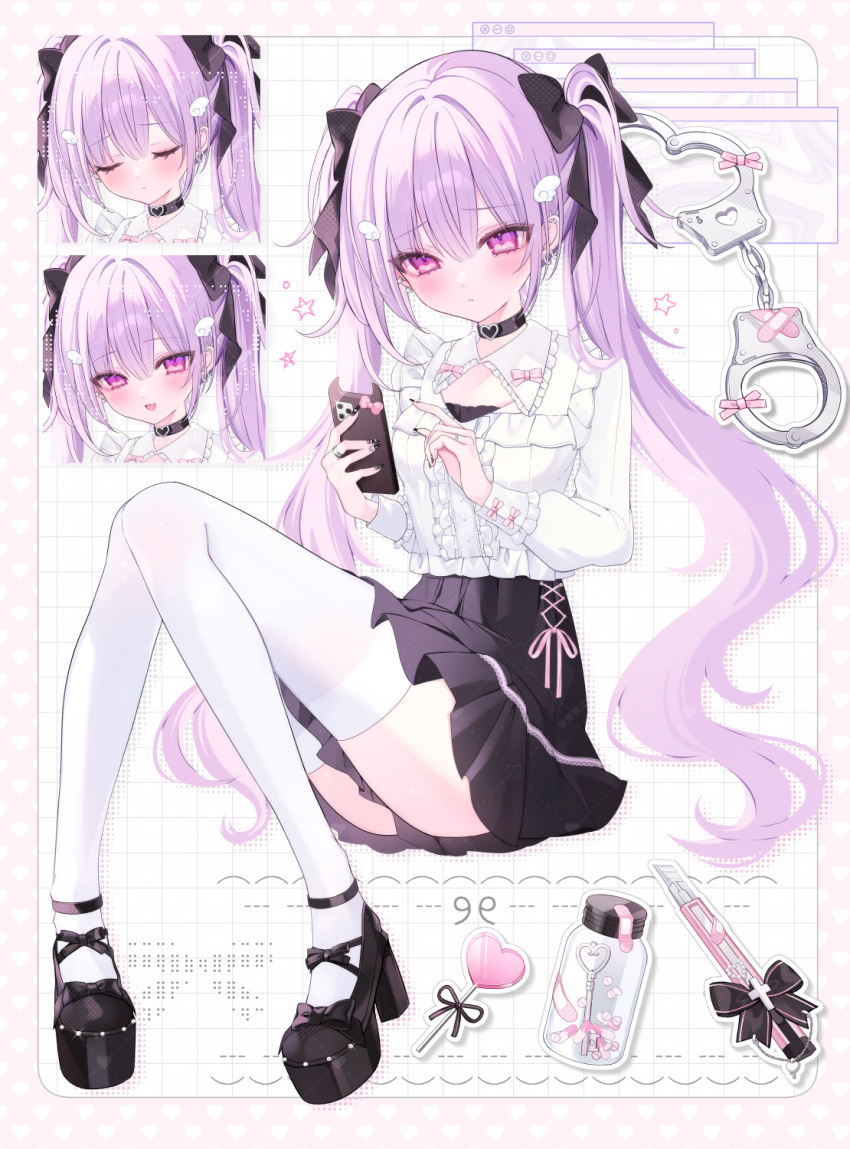 1girl, bandaid, bibi-chan_(x_127x), black_choker, black_ribbon, black_skirt, blush, boxcutter