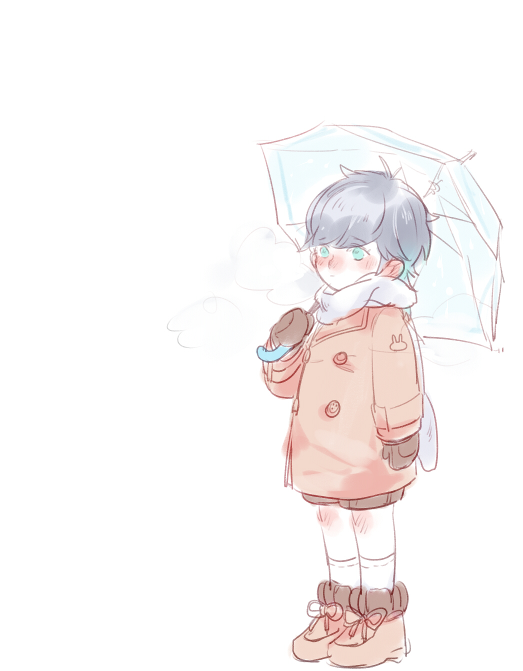 1boy, blush, boots, coat, cold, gloves, green_eyes, grey_hair