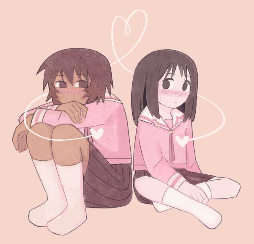 2girls, anonmimiru, arm_at_side, arms_on_knees, azumanga_daioh, azumanga_daioh's_school_uniform, blush, brown_background