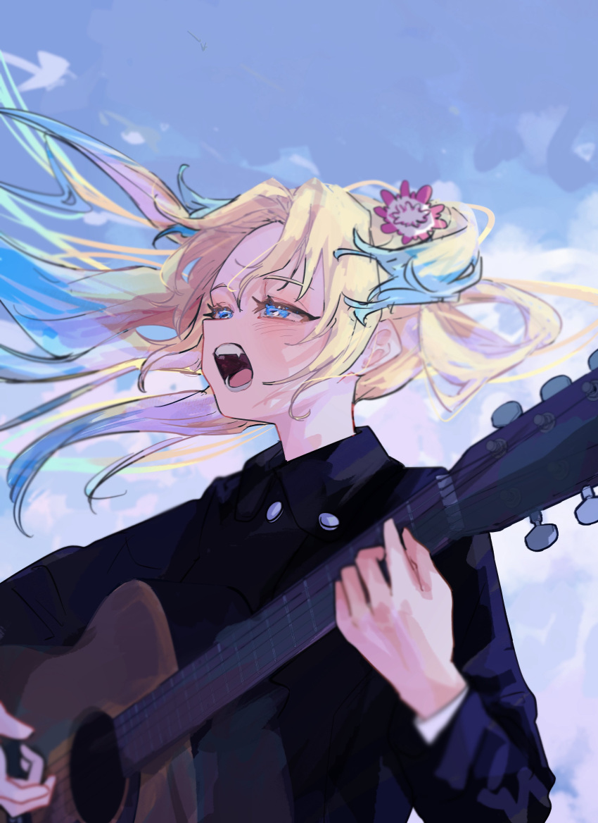1girl, absurdres, acoustic_guitar, black_coat, blonde_hair, blue_eyes, blue_hair, blue_sky