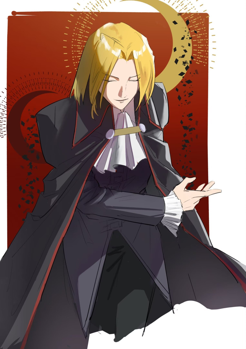 1boy, ahalfsispoon, ascot, black_pants, blonde_hair, breasts, butler_bowing, cape, closed_eyes, commentary_request, crescent_moon, curtained_hair, formal_clothes, frilled_sleeves, frills, highres, leaning_forward, light_smile, male_focus, medium_breasts, melty_blood, moon, night_of_wallachia, pants, purple_shirt, red_background, shirt, smile, tsukihime, vampire, white_shirt