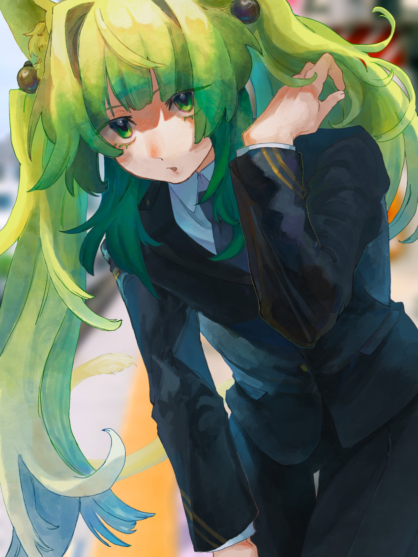 1girl, animal_ear_fluff, animal_ears, atalanta_(fate), black_jacket, black_pants, blue_necktie, blurry