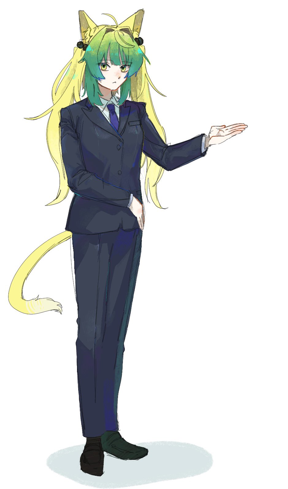 1girl, :<, animal_ears, atalanta_(fate), black_jacket, black_pants, blue_necktie, cat_ears