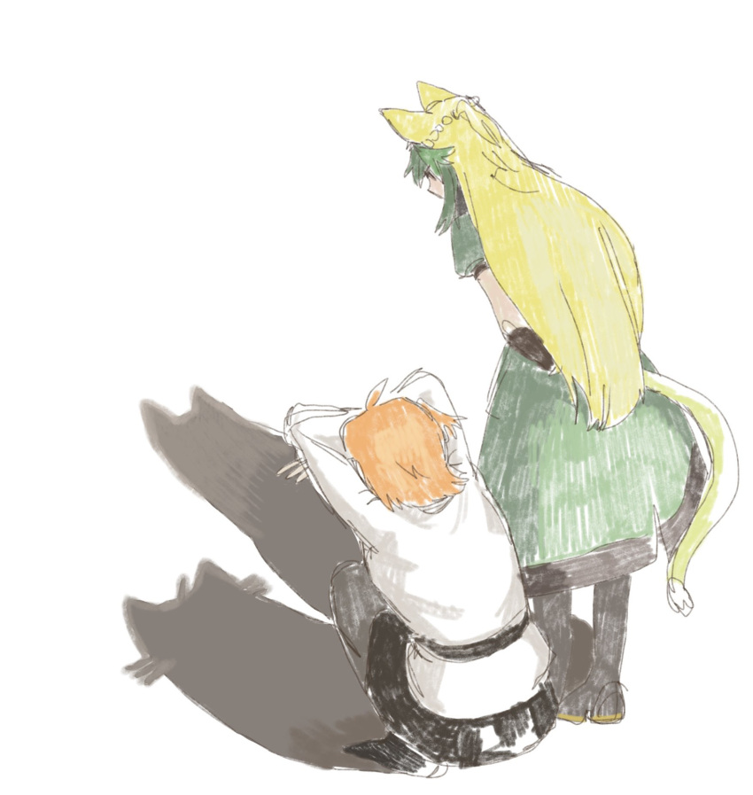 2girls, animal_ears, atalanta_(fate), black_shoes, black_skirt, blonde_hair, boots, braid