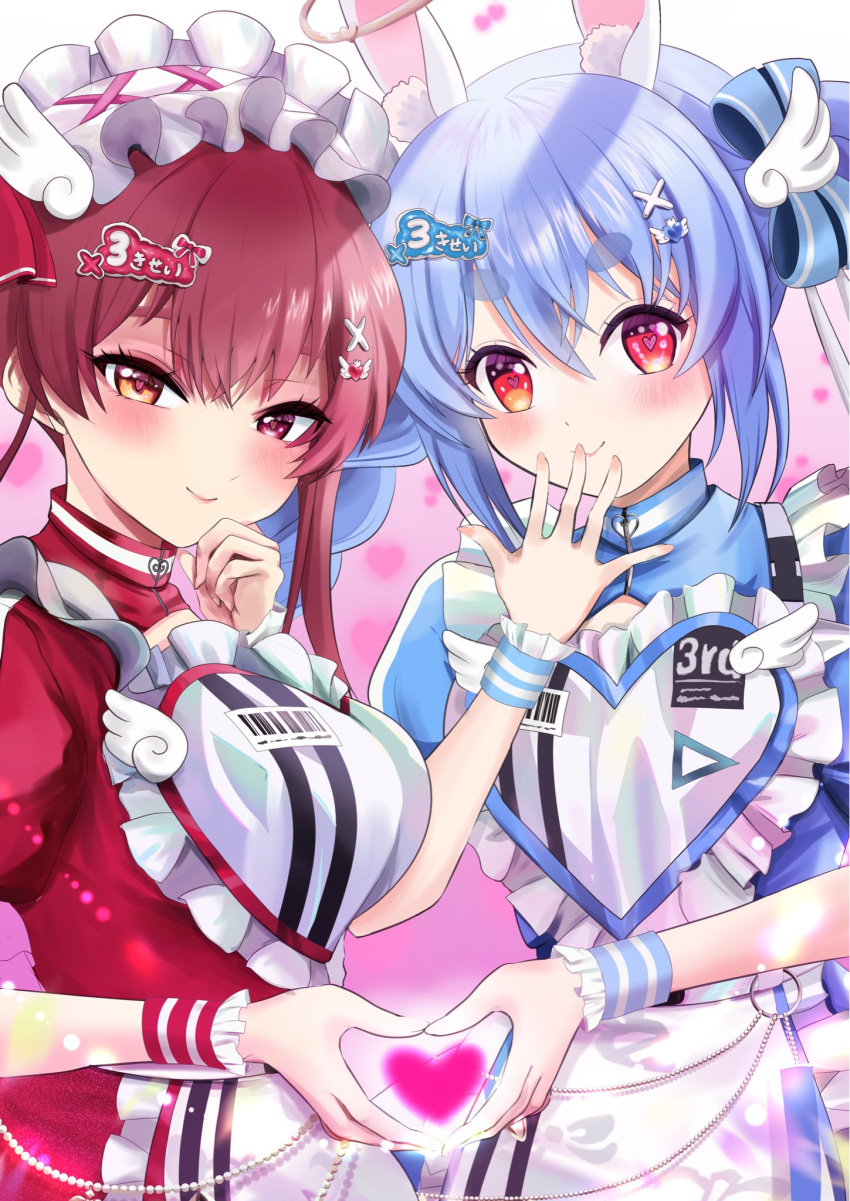 2girls, animal_ears, apron, blue_dress, closed_mouth, commentary_request, dress, hair_ornament