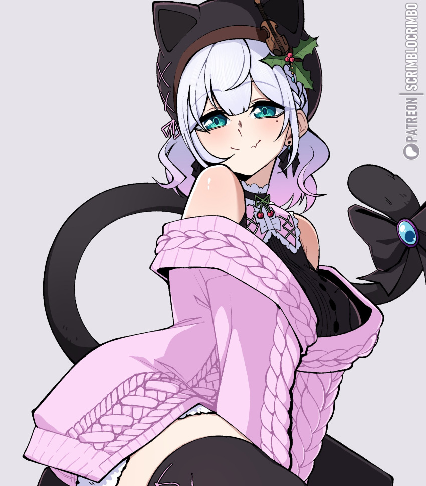 1girl, animal_ears, animal_hat, arms_between_legs, artist_name, bare_shoulders, black_bow, black_hat