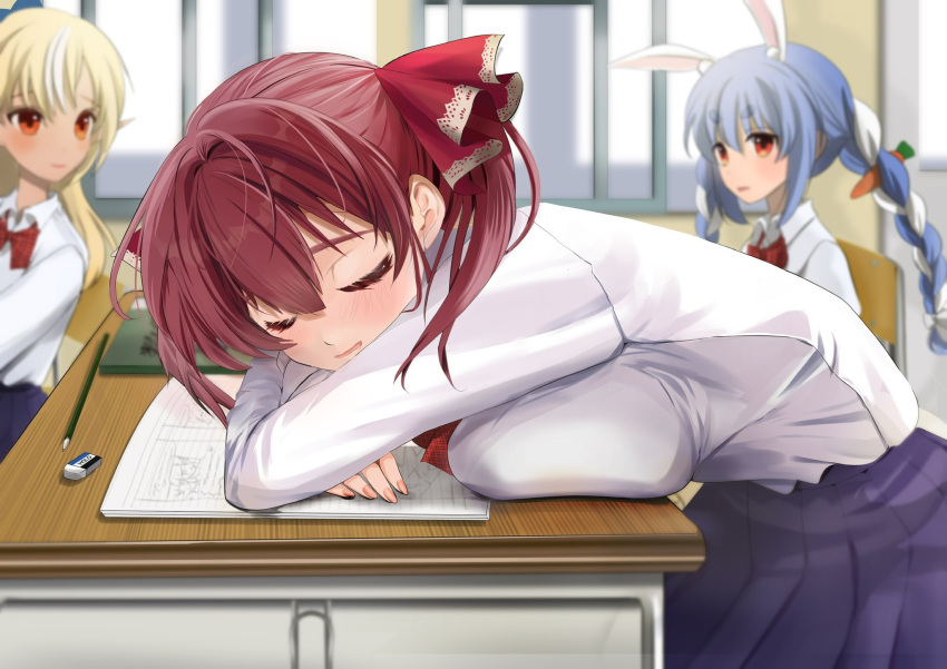 3girls, alternate_costume, animal_ears, black_skirt, blonde_hair, blush, carrot_hair_ornament, closed_eyes, commentary_request, dark-skinned_female, dark_elf, dark_skin, desk, elf, food-themed_hair_ornament, hair_ornament, hair_ribbon, highres, hololive, houshou_marine, long_hair, looking_at_viewer, miyuno, multicolored_hair, multiple_girls, open_mouth, pointy_ears, rabbit_ears, rabbit_girl, red_ribbon, ribbon, school_desk, school_uniform, shiranui_flare, shirt, skirt, sleeping, streaked_hair, usada_pekora, very_long_hair, virtual_youtuber, white_shirt, white_streaks