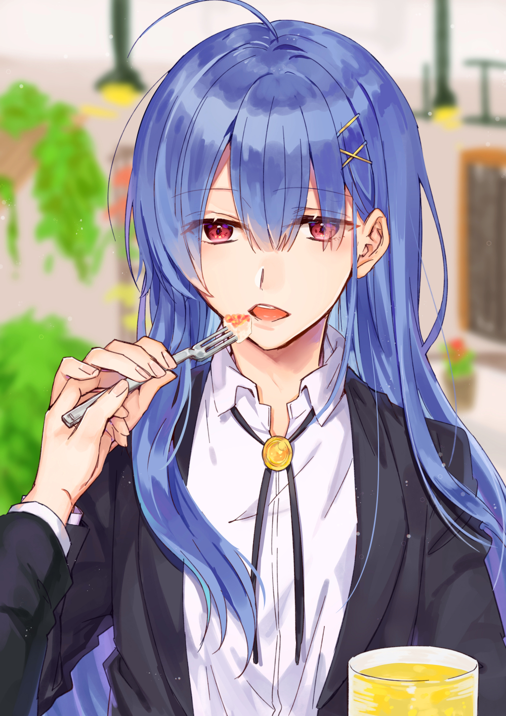 1boy, 1girl, ahoge, black_jacket, black_ribbon, blue_hair, cake, collared_shirt