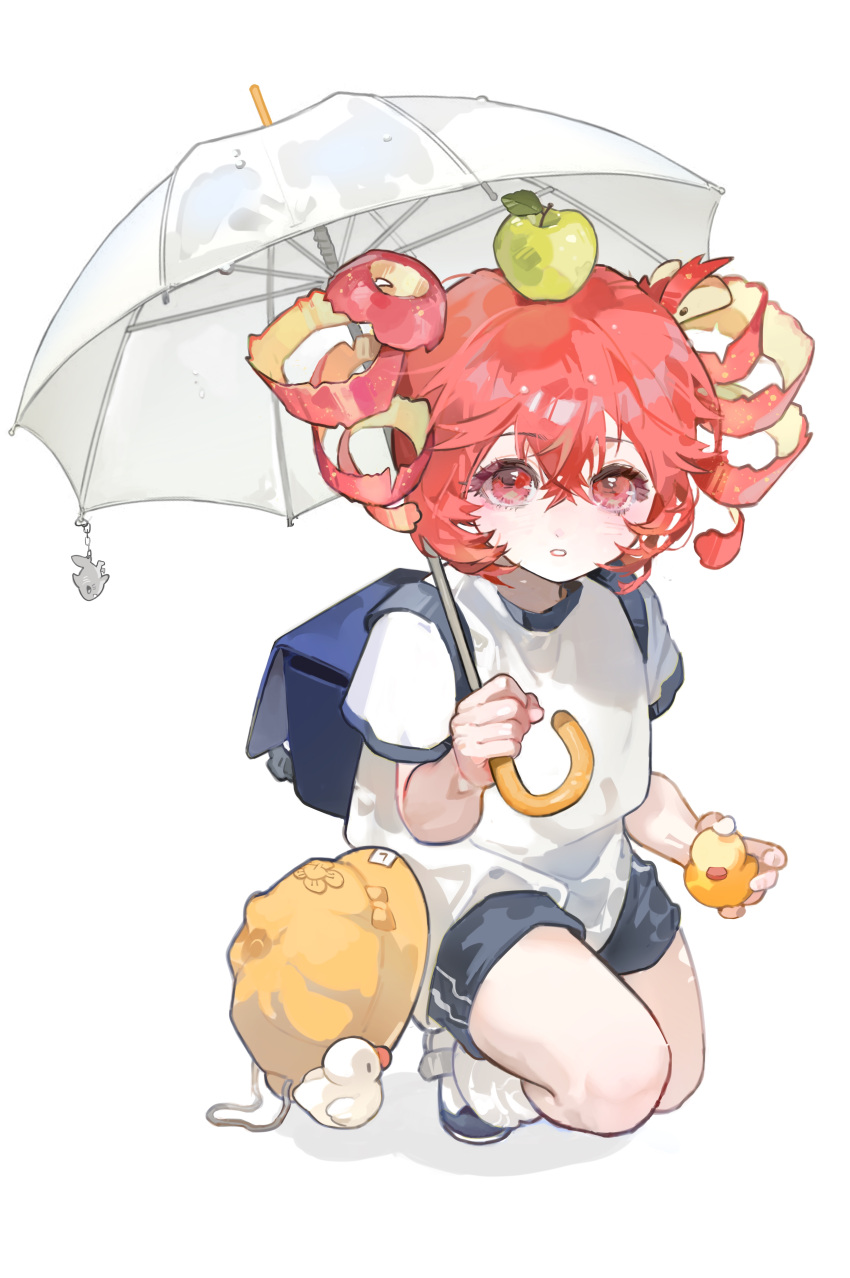 1girl, absurdres, aged_down, apple_on_head, apple_peel, backpack, bag, blue_bag, chinese_commentary, commentary_request, donggan_xiao_shayu, drill_hair, food-themed_hair, grey_shorts, hair_between_eyes, hat, highres, holding, holding_toy, holding_umbrella, kasane_teto, looking_at_viewer, on_one_knee, parted_lips, red_eyes, red_hair, rubber_duck, school_hat, shirt, shorts, simple_background, solo, t-shirt, toy, twin_drills, umbrella, unworn_headwear, utau, white_background, white_shirt, white_umbrella, yellow_hat