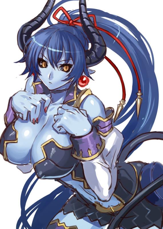 asmodeus_(shinrabansho), black_sclera, blue_hair, blue_skin, breasts, demon_girl, earrings, horns