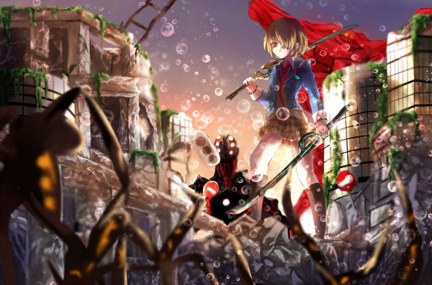 1girl, brown_hair, building, cancer_(heaven_burns_red), commentary_request, dual_wielding, hair_over_one_eye, heaven_burns_red