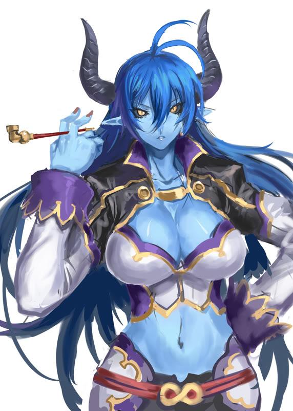 asmodeus_(shinrabansho), black_sclera, blue_hair, blue_skin, breasts, demon_girl, horns, large_breasts