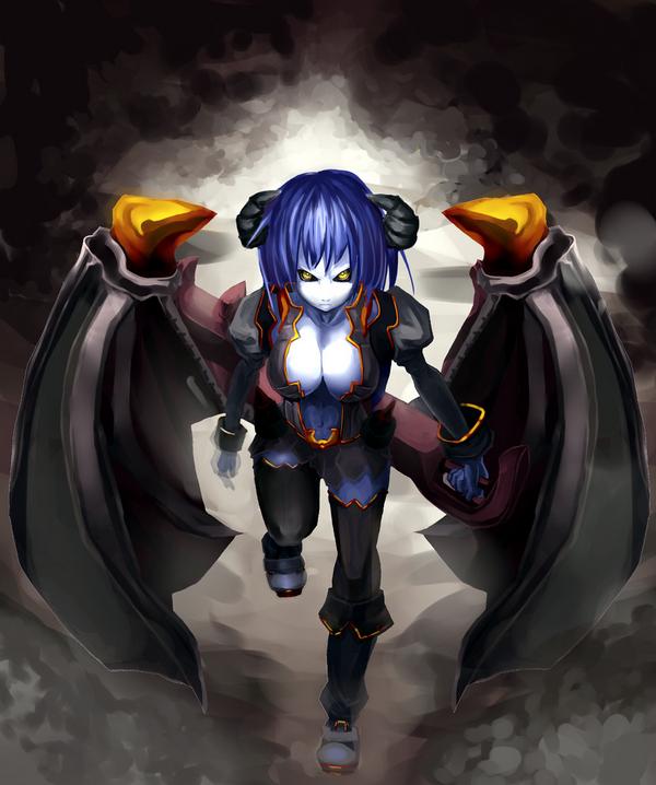 asmodeus_(shinrabansho), black_sclera, blue_hair, blue_skin, breasts, demon_girl, horns, large_breasts