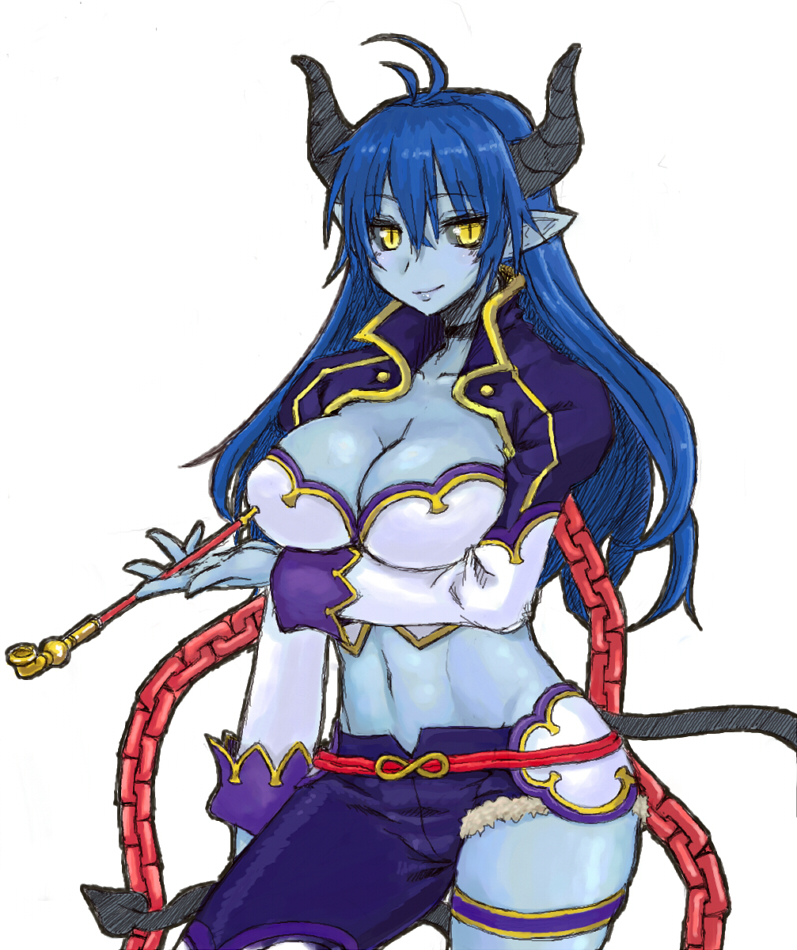 asmodeus_(shinrabansho), black_sclera, blue_hair, blue_skin, breasts, demon_girl, horns, large_breasts