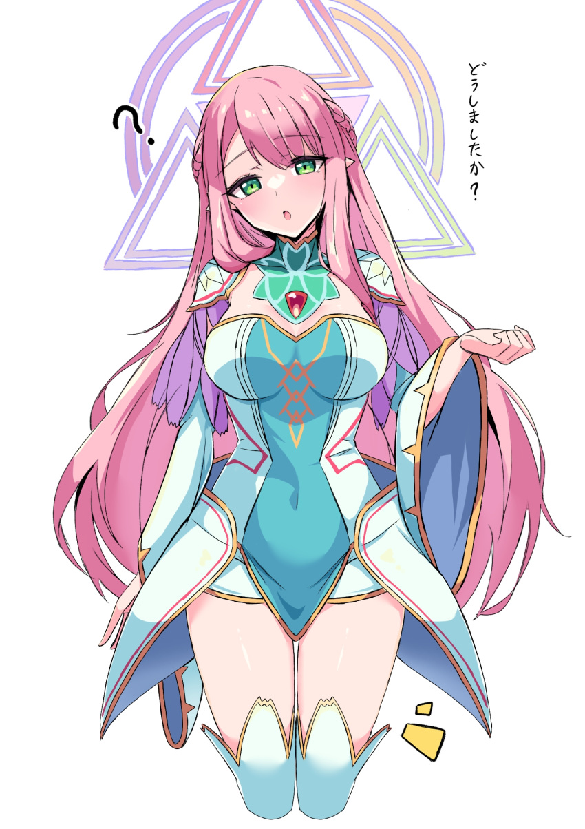 ?, binah_(monster_strike), braid, breasts, covered_navel, dress, gem, green_dress