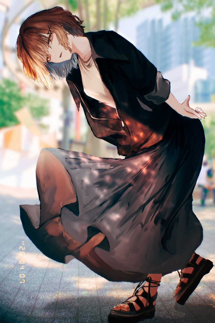 1girl, absurdres, bent_over, black_coat, blurry, blurry_background, brown_eyes, brown_hair