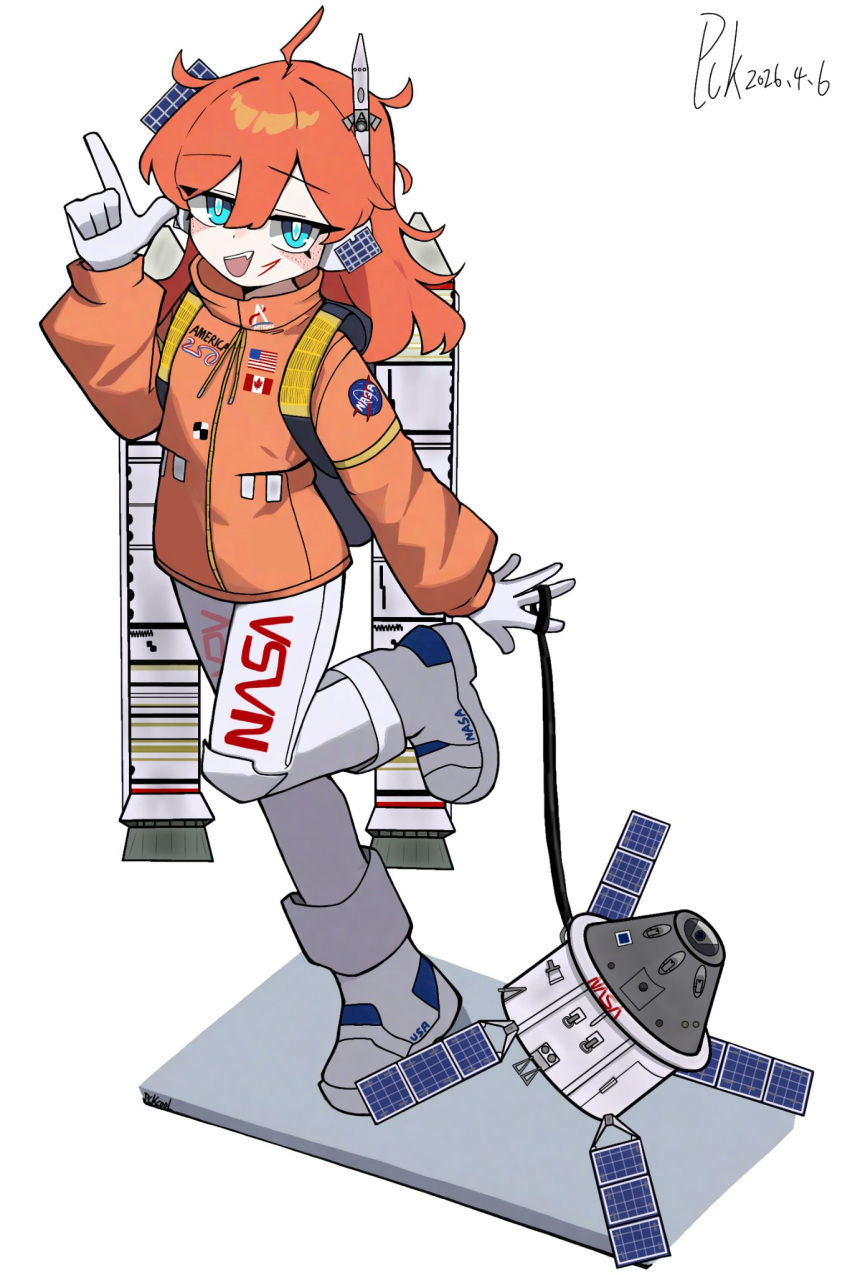 1girl, american_flag, artemis_ii, artemis_program, blue_eyes, boots, countdown_timer, dated